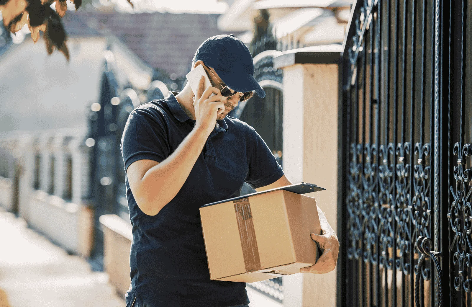 International courier pickup with a courier professional carrying a parcel